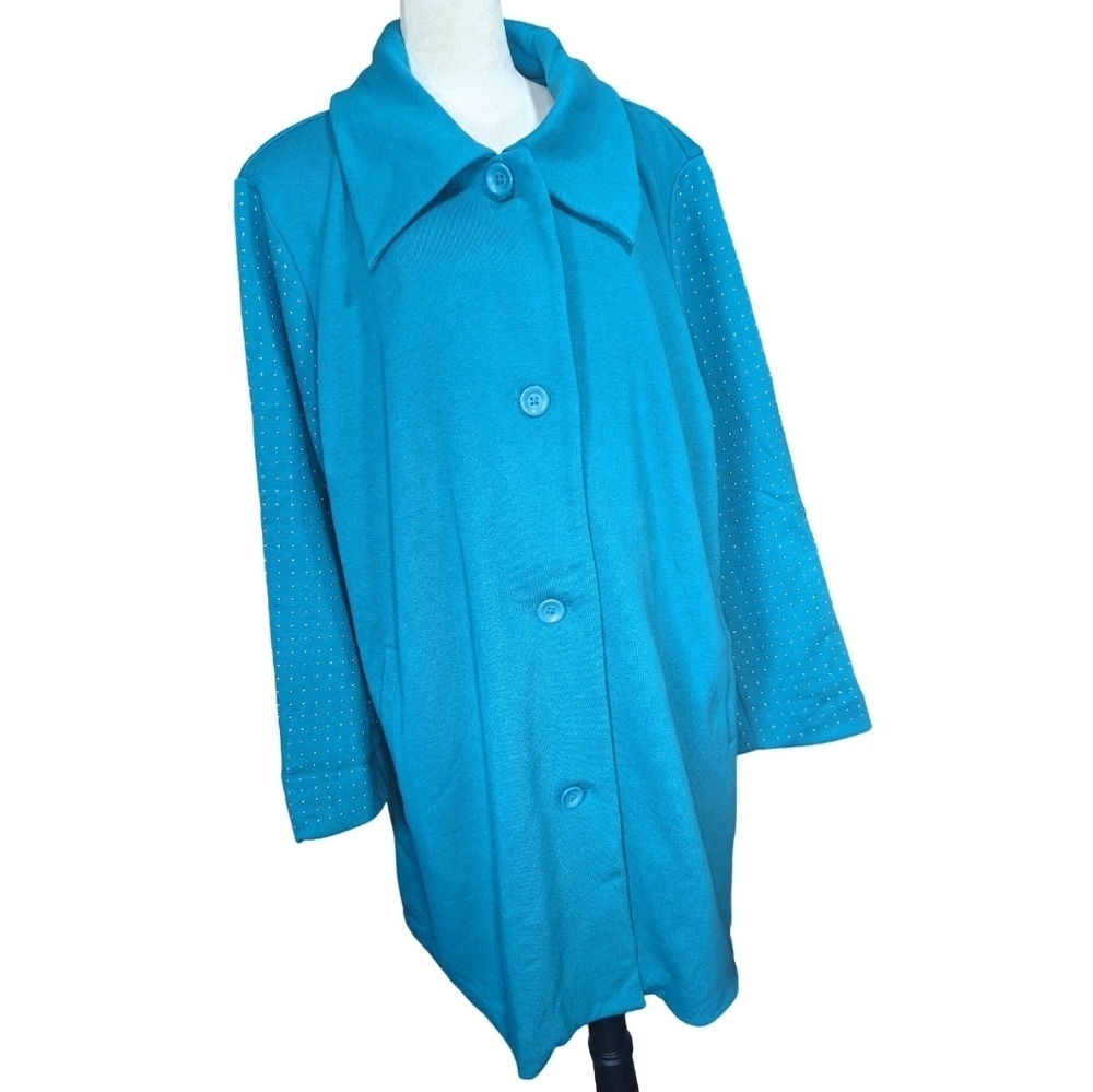 Roaman's Women's Cotton Blend Blue Peacoat Sequin Bejeweled Lined Long Jacket